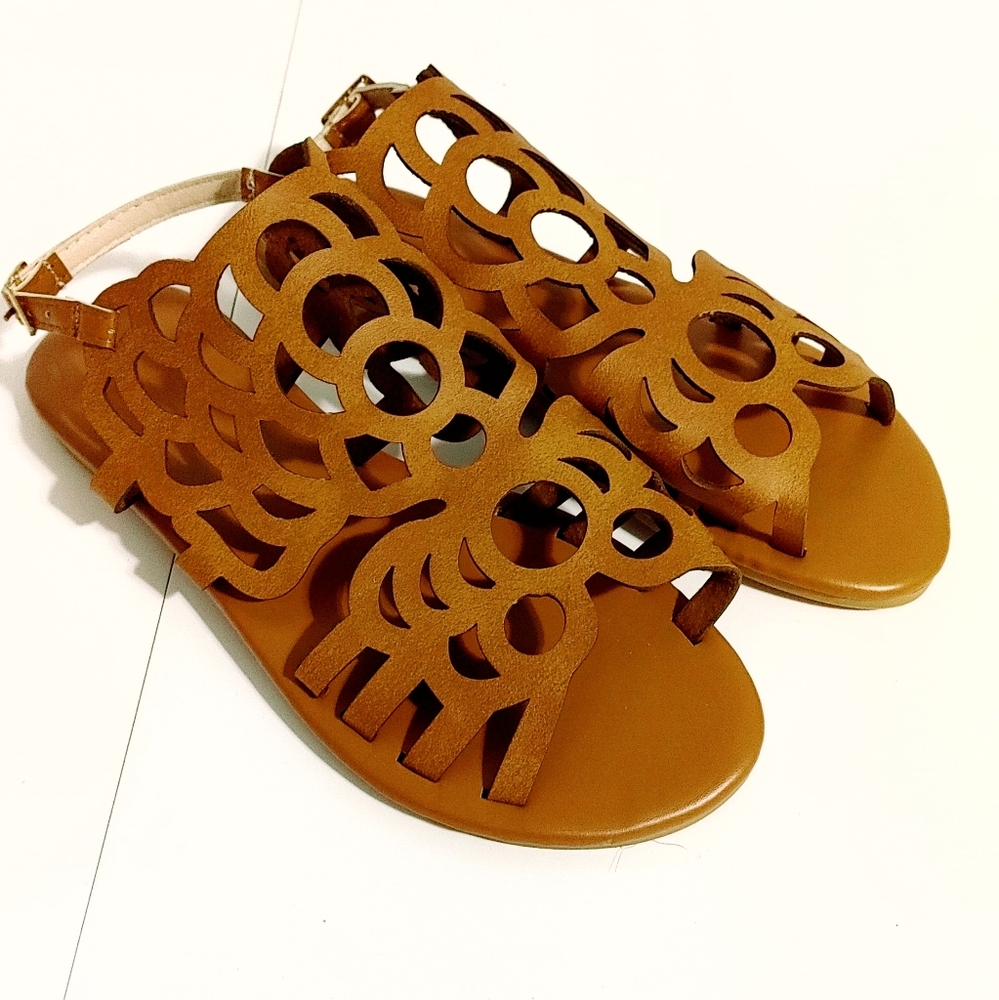 (4/$20) Brown Ladies Intricate Cut-Out Flat Sandals